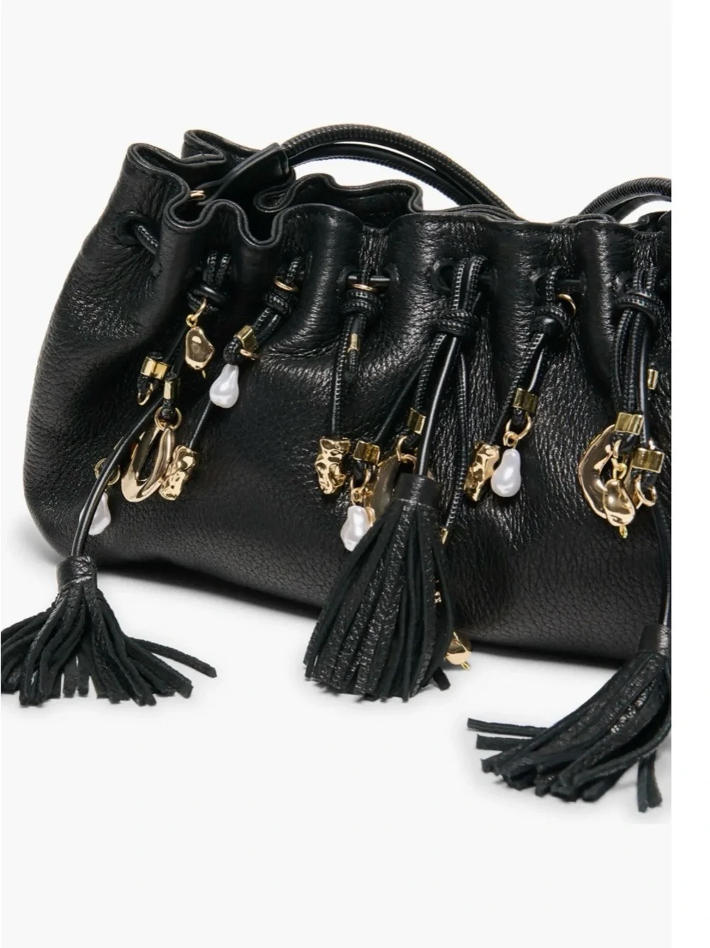 Dolce Vita Black Leather Drawstring Crossbody with Tassels & Charms